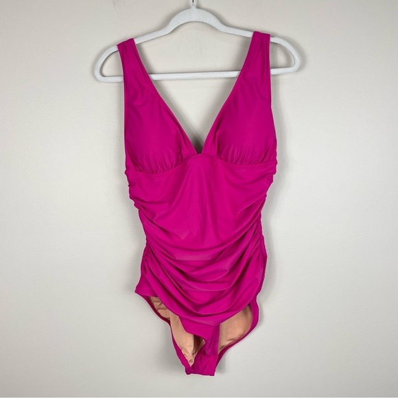 J Crew Ruched Plunge One Piece Swimsuit Pink Womens 14 Stretch V-Neck - Picture 11 of 13